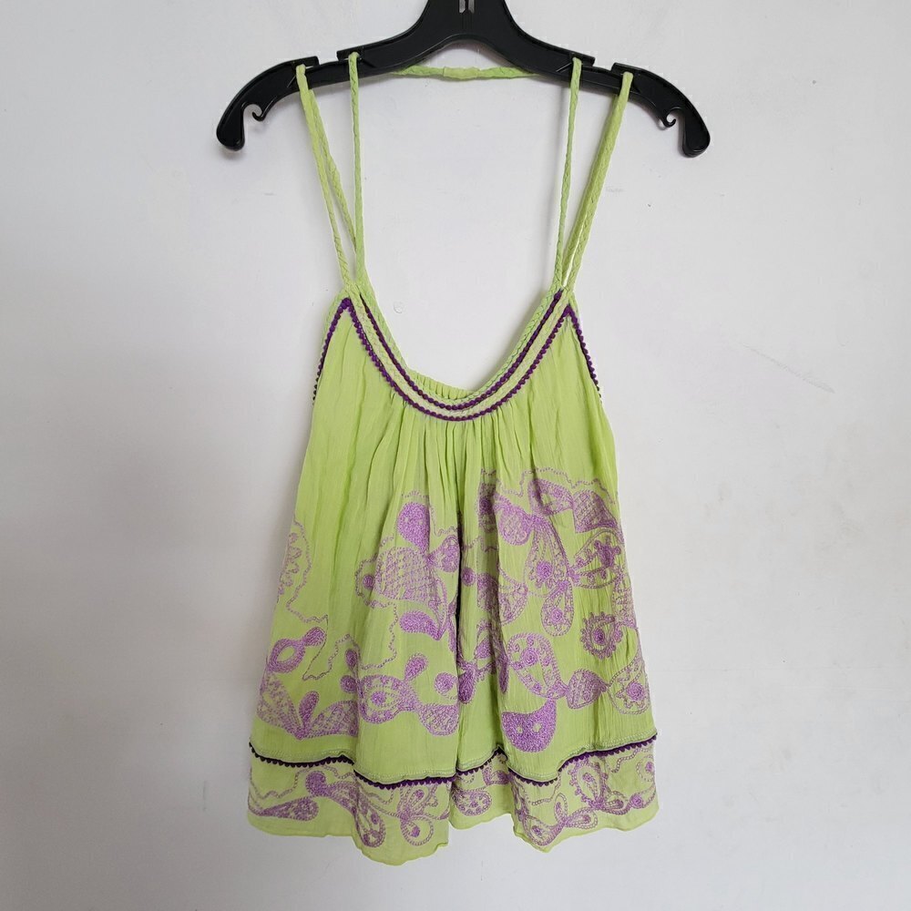 Poupette St Barth Lime Green Floral Paisley Embroidered Tank Strappy Blouse OS